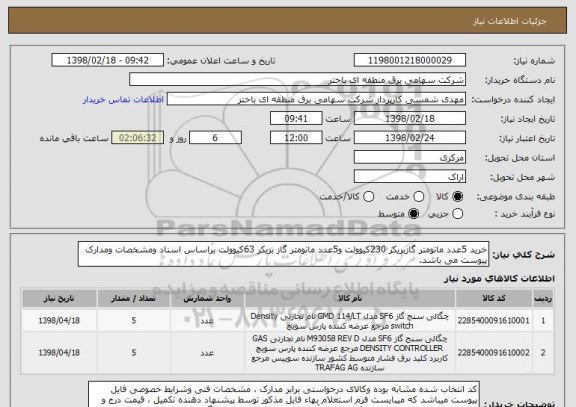 استعلام خرید 5عدد مانومتر گازبریکر 230کیوولت و5عدد مانومتر گاز بریکر 63کیوولت براساس اسناد ومشخصات ومدارک پیوست می باشد.
