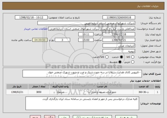 استعلام  - لایروبی کانال هدایت سیلاب در سه جهت شرق و غرب و جنوب شهرک صنعتی خوی