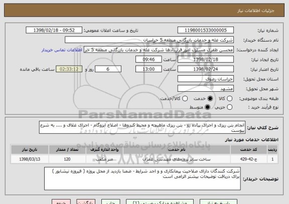 استعلام انجام بتن ریزی و اجرای پیاده رو - بتن ریزی ماهیچه و محیط کندوها - اصلاح ایزوگام - اجرای غلاف و .... به شرح پیوست 