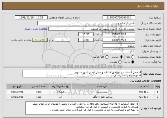 استعلام 1- حمل آسفالت از دوراهی خنداب و پخش آن در شهر هندودر
2- تهیه و اجرای قیرپاشی