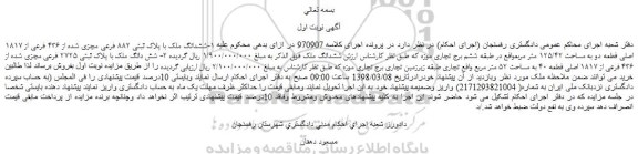 مزایده، مزایده ششدانگ ملک با پلاک ثبتی 882 فرعی مجزی شده از 436 فرعی از 1817 اصلی 