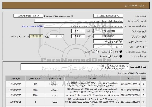 استعلام باطری متوسط 1000 عدد
باطری نیم قلم 2000 عدد
میخ منگنه بزرگ 500 عدد 
کاغذ A3  5 بسته 
پاکت A3  تعداد 2000 عدد 
