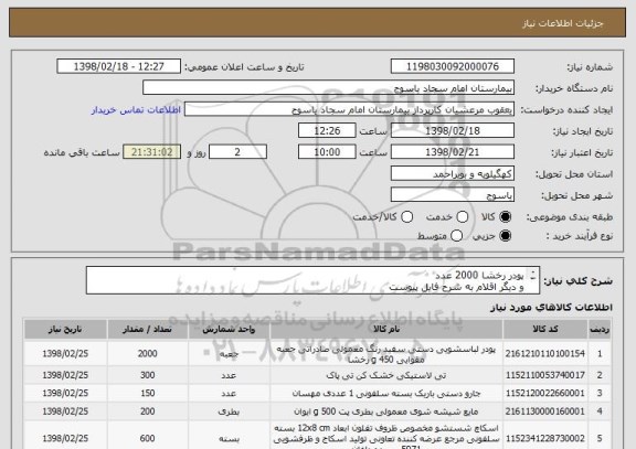 استعلام پودر رخشا 2000 عدد
و دیگر اقلام به شرح فایل پیوست 
ایران کد ها مشابه می باشد
