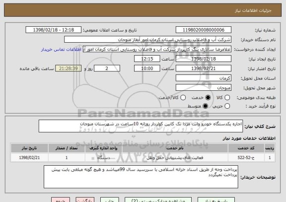استعلام اجاره یکدستگاه خودرو وانت مزدا تک کابین کولردار روزانه 10ساعت در شهرستان منوجان