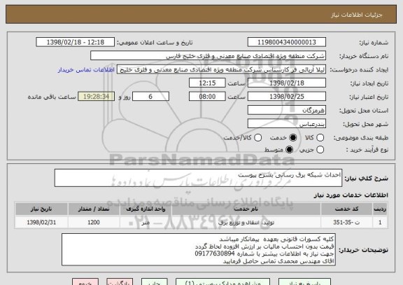 استعلام احداث شبکه برق رسانی بشرح پیوست 