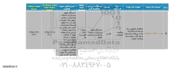 مناقصه واگذاری واحد تزریقات ، پانسمان و نوار قلب  