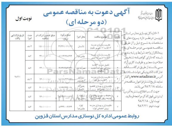 آگهی دعوت به مناقصه عمومی, مناقصه مقاوم سازی و بهسازی مدرسه... 