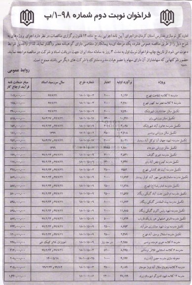 فراخوان, مناقصه مدرسه 1 کلاسه  و ...نوبت دوم 