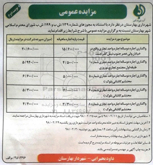 مزایده عمومی, مزایده واگذاری اجاره دو ساله اجاره واحد تجاری - نوبت دوم