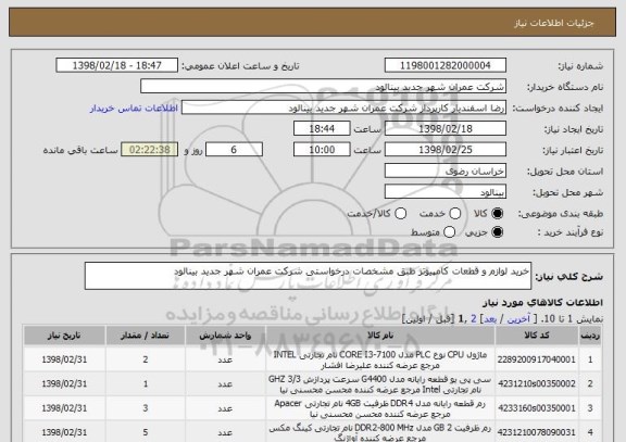 استعلام خرید لوازم و قطعات کامپیوتر طبق مشخصات درخواستی شرکت عمران شهر جدید بینالود