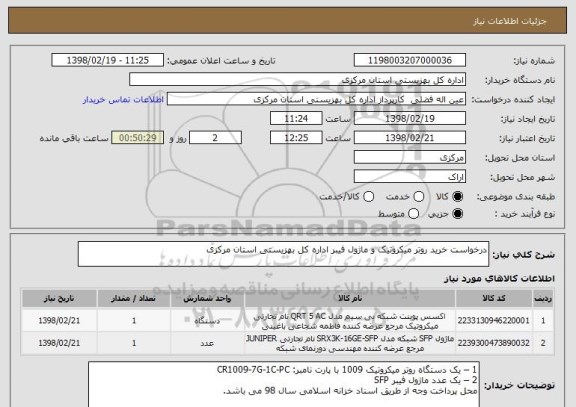 استعلام درخواست خرید روتر میکروتیک و ماژول فیبر اداره کل بهزیستی استان مرکزی