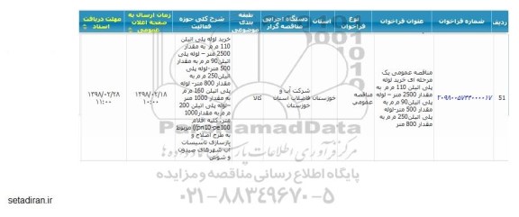 مناقصه عمومی یک مرحله ای خرید لوله پلی اتیلن 110 م م 