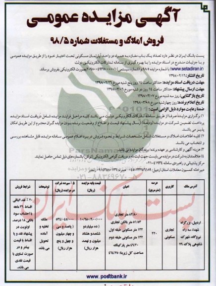 مزایده، مزایده فروش املاک و مستغلات کاربری تجاری و مسکونی