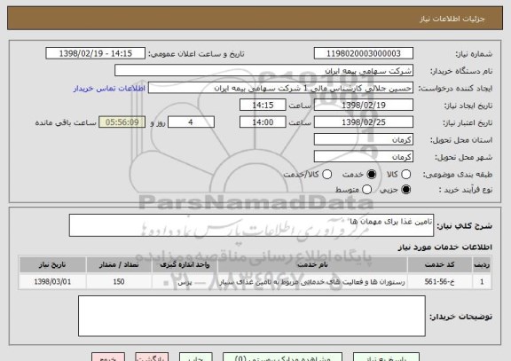 استعلام تامین غذا برای مهمان ها
