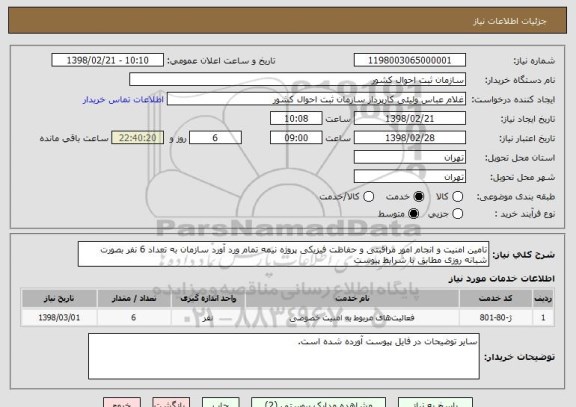 استعلام تامین امنیت و انجام امور مراقبتی و حفاظت فیزیکی پروژه نیمه تمام ورد آورد سازمان به تعداد 6 نفر بصورت شبانه روزی مطابق با شرایط پیوست