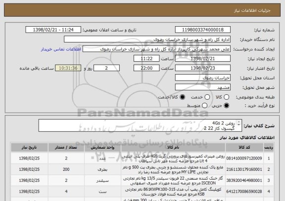 استعلام روغن 4Gs 2
گپسول کاز 22 2
پالرینگ برج 2 متر 
اسید شویی-راه اندازی اول فصل برج تابلو برق کمپرسورها
بازو بست الکترو موتوروتعویض کوپلنک