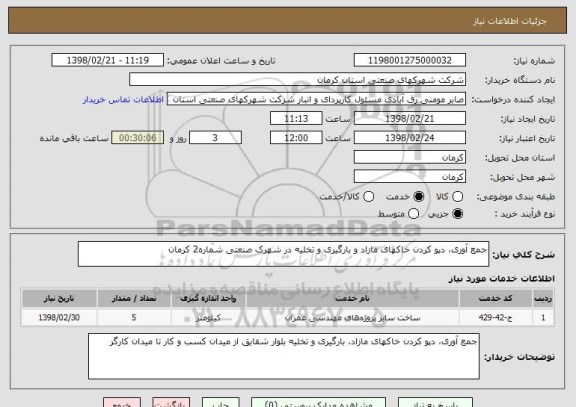 استعلام جمع آوری، دپو کردن خاکهای مازاد و بارگیری و تخلیه در شهرک صنعتی شماره2 کرمان