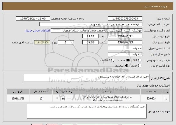 استعلام تامین نیروی انسانی امور خدمات و پشتیبانی