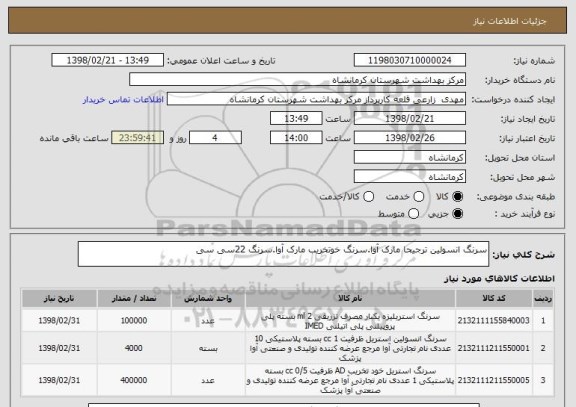 استعلام سرنگ انسولین ترجیحا مارک آوا.سرنگ خوتخریب مارک آوا.سرنگ 22سی سی 