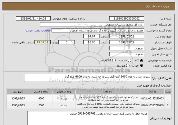 استعلام سبزی اشی به وزن 3000 کیلو گرم سبزی خورشتی به وزن 4000 کیلو گرم 
