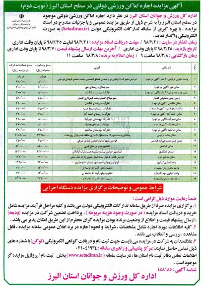 مزایده ,مزایده اجاره اماکن ورزشی  نوبت دوم