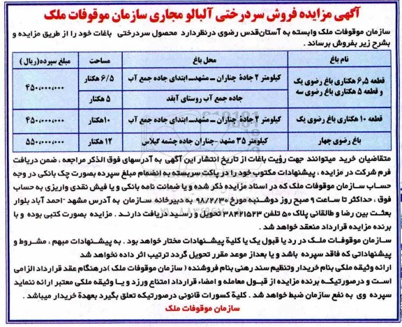 مزایده,مزایده فروش سردرختی آلبالو