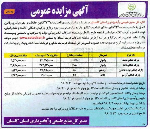 آگهی مزایده عمومی, مزایده واگذاری پانزده ساله مدیریت و بهره برداری پارکهای جنگلی