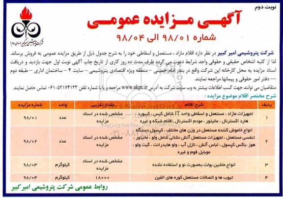 مزایده ,مزایده اقلام مازاد، مستعمل و اسقاطی - نوبت دوم