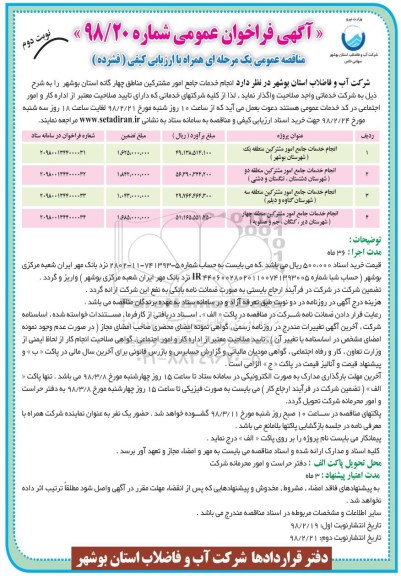 مناقصه عمومی , مناقصه انجام خدمات جامع امور مشترکین مناطق چهارگانه - نوبت دوم
