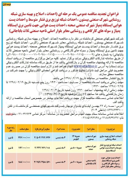 مناقصه تجدید فراخوان مناقصه احداث، اصلاح و بهینه سازی شبکه روشنایی شهرک صنعتی...