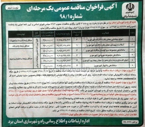 آگهی فراخوان مناقصه عمومی, فراخوان مناقصه اجرای روشنایی معابر بافت ناکارآمد ... نوبت دوم 