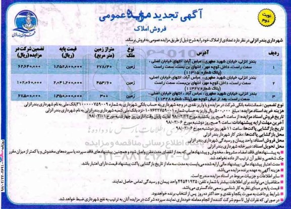 مزایده ،مزایده فروش املاک نوبت دوم