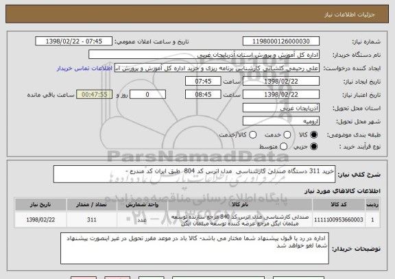 استعلام خرید 311 دستگاه صندلی کارشناسی  مدل اترس کد 804  طبق ایران کد مندرج -