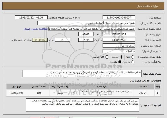 استعلام انجام مطالعات پدافند غیرعامل سدهای کوتاه چالدران(آرکوین، یخلقان و عباس کندی) 