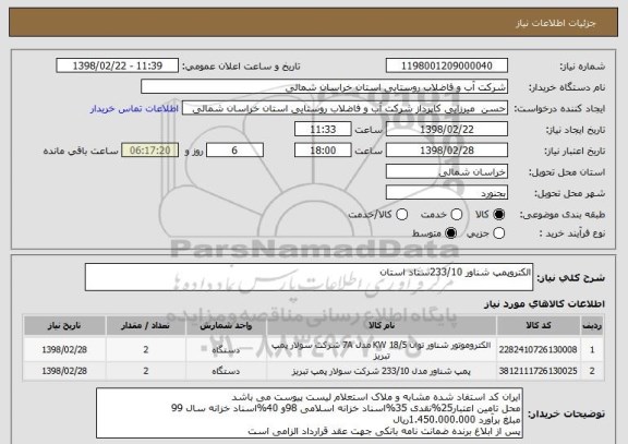 استعلام الکتروپمپ شناور 233/10ستاد استان 