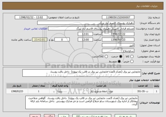 استعلام جابجایی تیر برق (تعداد 5عدد جابجایی تیر برق در قالب یک پروژه)  داخل بافت روستا، 