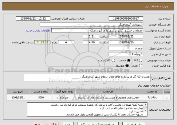 استعلام عملیات لکه گیری پیاده رو های معابر سطح شهر کبودراهنگ 