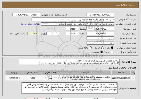 استعلام ساخت قطعات کسری برج های T60- T30-LS
400 کیلولت تک مداره باندل دو سیمه بر اساس اسناد ومدارک پیوست می باشد.