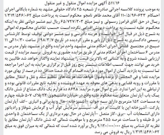 مزایده مزایده 8648 ده هزارم یک دانگ مشاع از آپارتمان