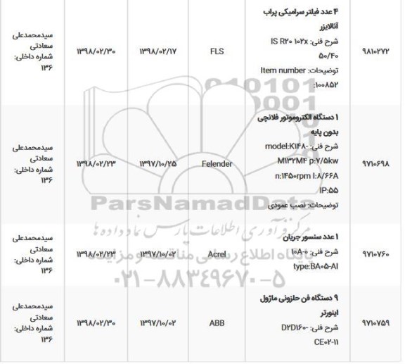 استعلام, استعلام 4 عدد فیلتر سرامیکی پراب آنالایزر... 