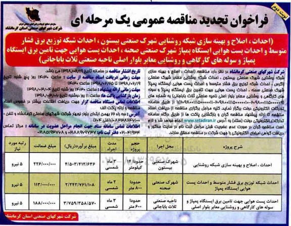 مناقصه تجدید فراخوان مناقصه احداث، اصلاح و بهینه سازی شبکه روشنایی شهرک صنعتی... نوبت دوم 