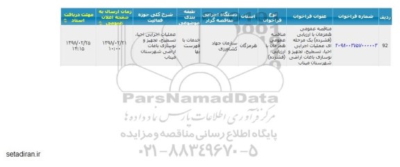 مناقصه، مناقصه عملیات اجرایی احیا، تسطیح، تجهیز و نوسازی باغات اراضی 