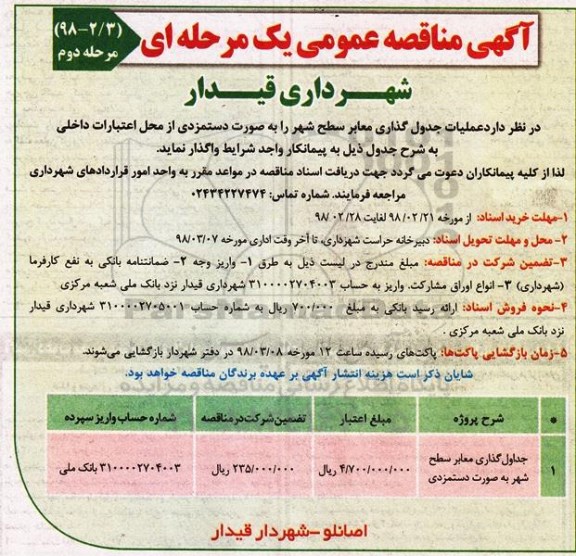 مناقصه,مناقصه عملیات جدولگذاری معابر سطح شهر