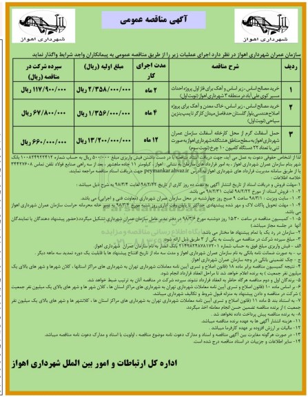 مناقصه مناقصه خرید مصالح اساس، زیراساس و آهک برای فاز اول پروژه ...