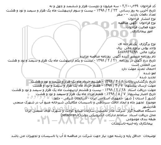 مناقصه تجهیز چاه 