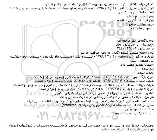 مناقصه  اجرای قسمتی از شبکه گاز رسانی در شهرک صنعتی