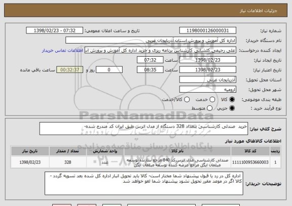 استعلام خرید  صندلی کارشناسی بتعداد 328 دستگاه از مدل اترس طبق ایران کد مندرج شده-