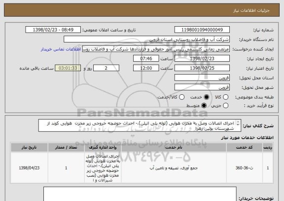 استعلام اجرای اتصالات وصل به مخزن هوایی (لوله پلی اتیلن)،- احداث حوضچه خروجی زیر مخزن  هوایی کوند از شهرستان بوئین زهرا
با برآورد  مبلغ 1،266،884،980ریال 
