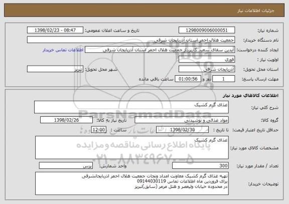 استعلام غذای گرم کشیک 