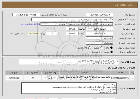 استعلام  کاغذ آ4هشتاد گرمی درجه یک 50کارتن
کاغذ آ5 درجه یک 20کارتن 
